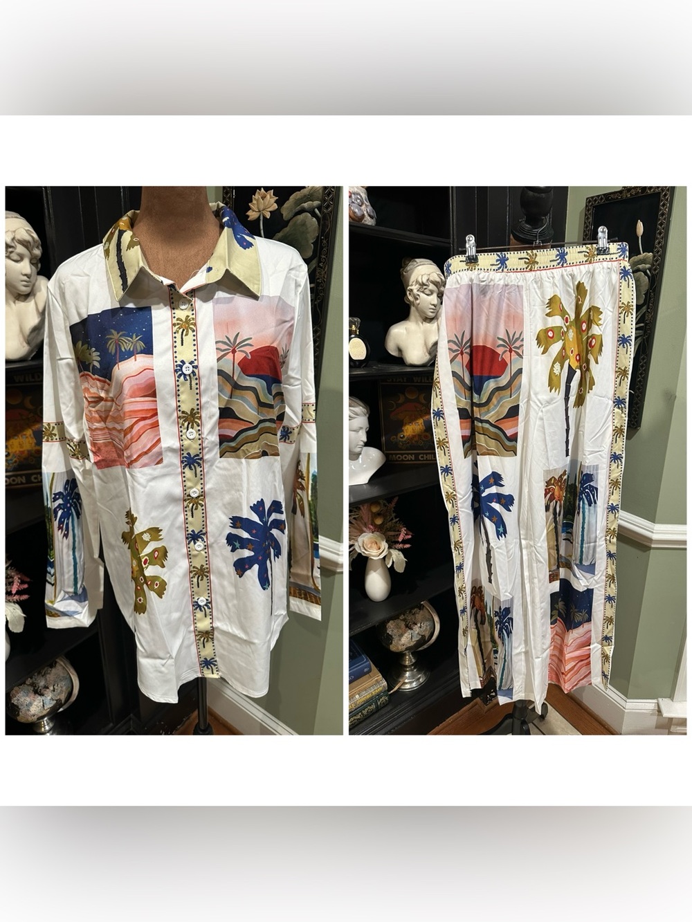 Tropical Long‑Sleeve Button‑Down Pant Set – Size Large